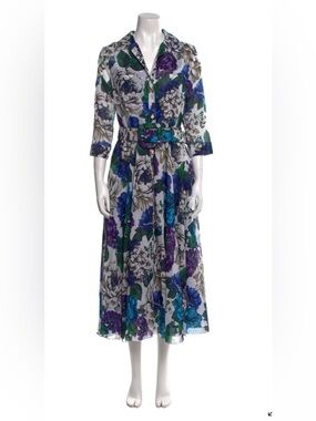 Samantha Sung Floral Midi Dress Belted Blue Green NWOT